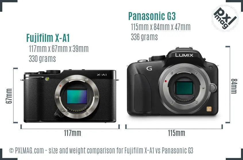 Fujifilm X-A1 vs Panasonic G3 size comparison