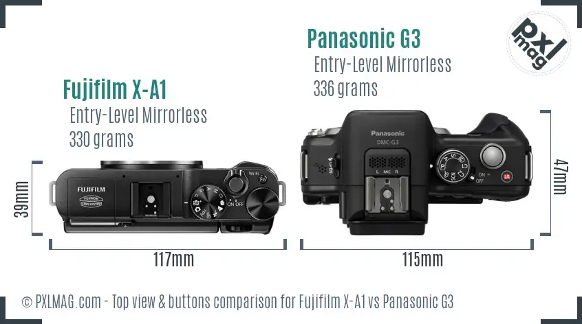Fujifilm X-A1 vs Panasonic G3 top view buttons comparison