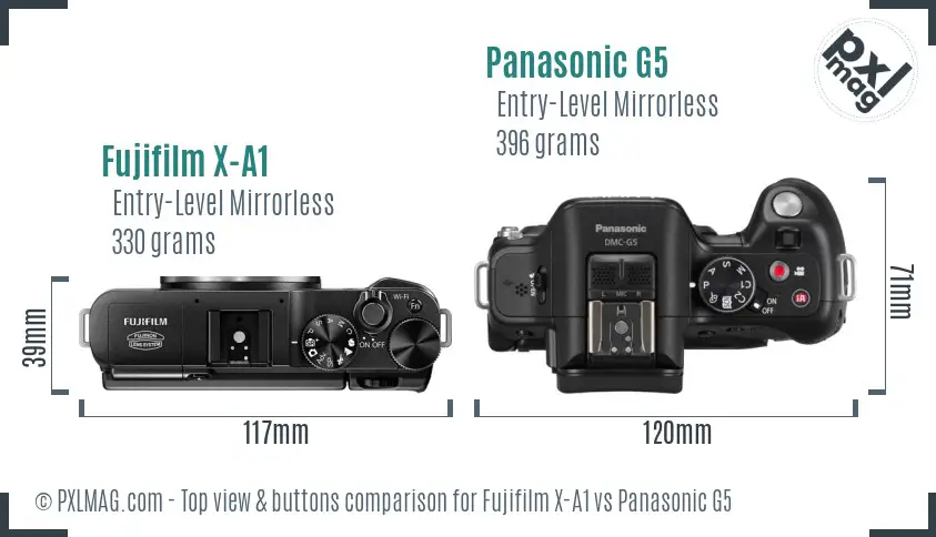 Fujifilm X-A1 vs Panasonic G5 top view buttons comparison