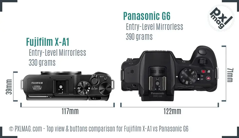 Fujifilm X-A1 vs Panasonic G6 top view buttons comparison Fujifilm X-A1 vs Panasonic G6 top view buttons comparison