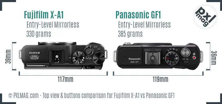 Fujifilm X-A1 vs Panasonic GF1 top view buttons comparison