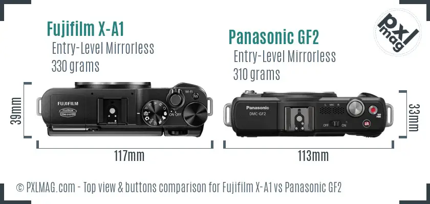 Fujifilm X-A1 vs Panasonic GF2 top view buttons comparison Fujifilm X-A1 vs Panasonic GF2 top view buttons comparison