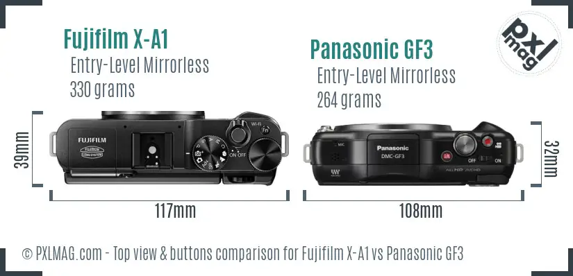 Fujifilm X-A1 vs Panasonic GF3 top view buttons comparison