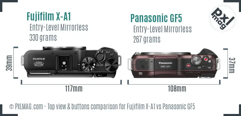 Fujifilm X-A1 vs Panasonic GF5 top view buttons comparison