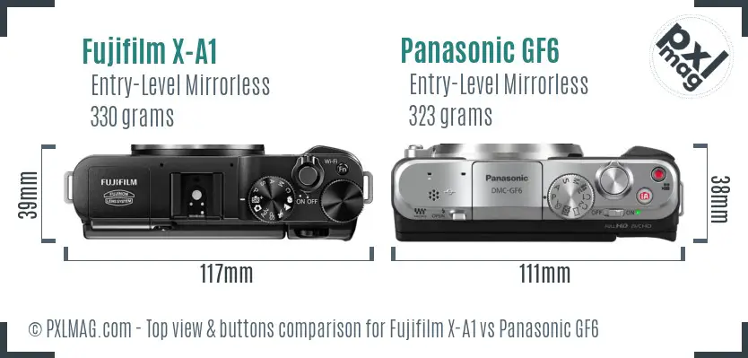 Fujifilm X-A1 vs Panasonic GF6 top view buttons comparison