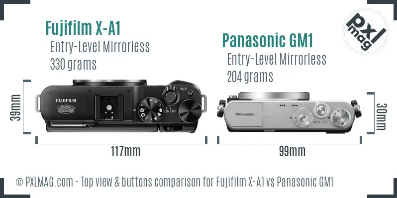 Fujifilm X-A1 vs Panasonic GM1 top view buttons comparison