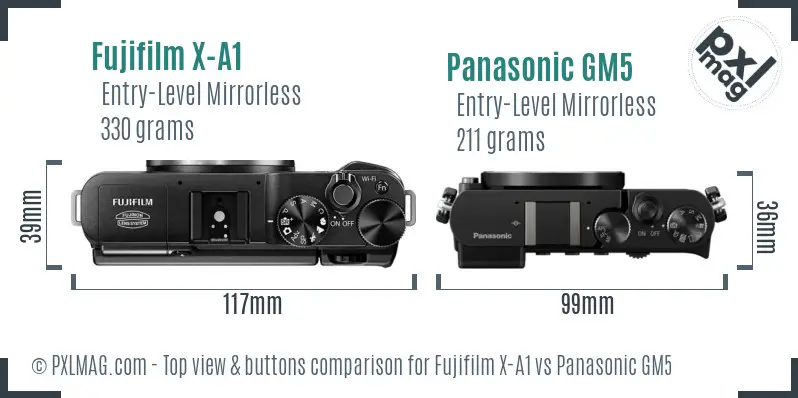 Fujifilm X-A1 vs Panasonic GM5 top view buttons comparison