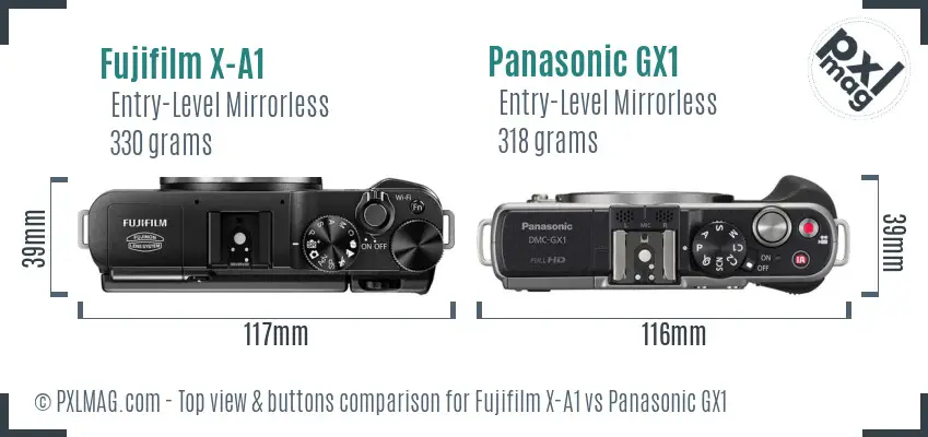 Fujifilm X-A1 vs Panasonic GX1 top view buttons comparison
