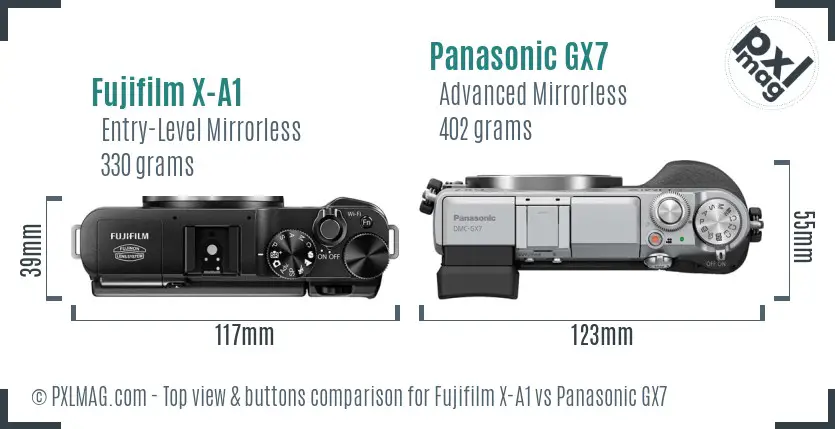 Fujifilm X-A1 vs Panasonic GX7 top view buttons comparison