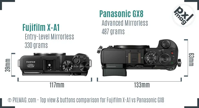 Fujifilm X-A1 vs Panasonic GX8 top view buttons comparison