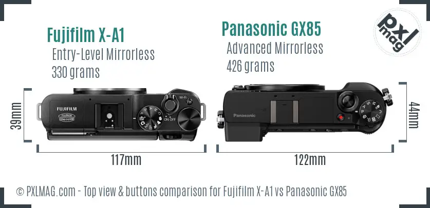 Fujifilm X-A1 vs Panasonic GX85 top view buttons comparison