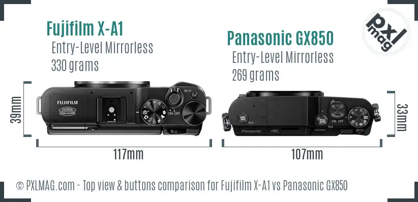 Fujifilm X-A1 vs Panasonic GX850 top view buttons comparison Fujifilm X-A1 vs Panasonic GX850 top view buttons comparison