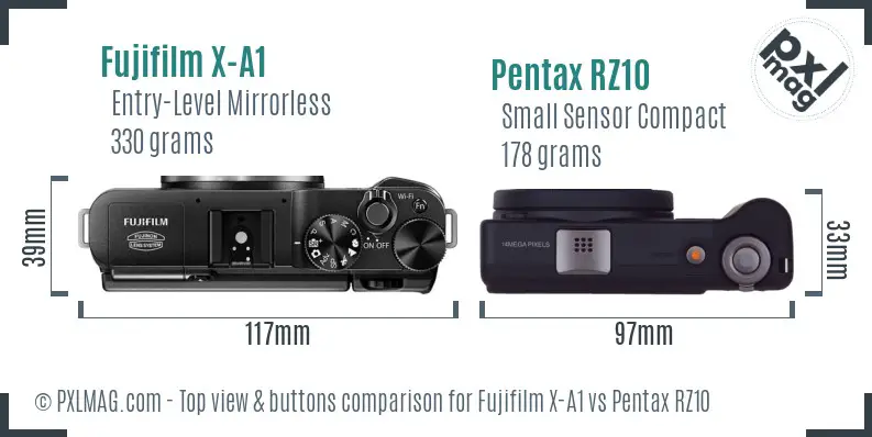 Fujifilm X-A1 vs Pentax RZ10 top view buttons comparison