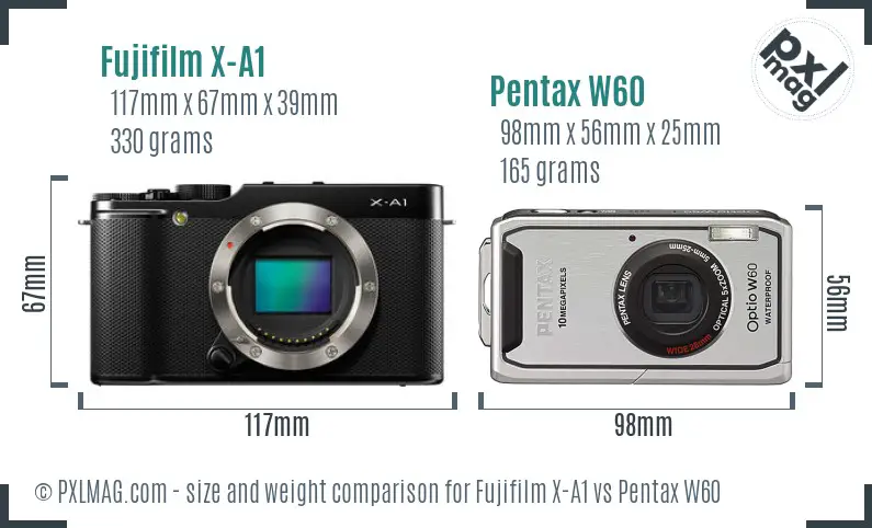 Fujifilm X-A1 vs Pentax W60 size comparison