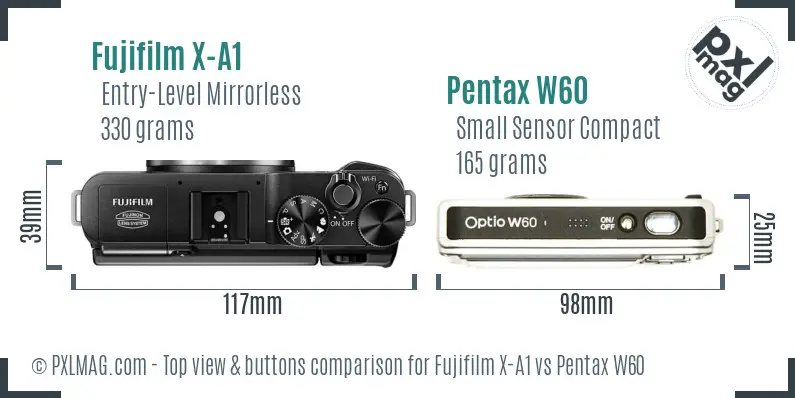 Fujifilm X-A1 vs Pentax W60 top view buttons comparison