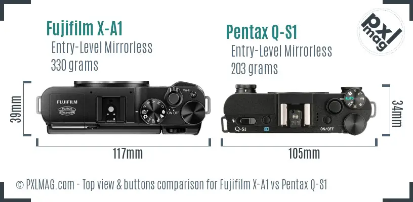 Fujifilm X-A1 vs Pentax Q-S1 top view buttons comparison