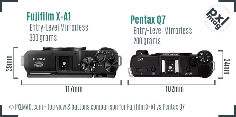 Fujifilm X-A1 vs Pentax Q7 top view buttons comparison
