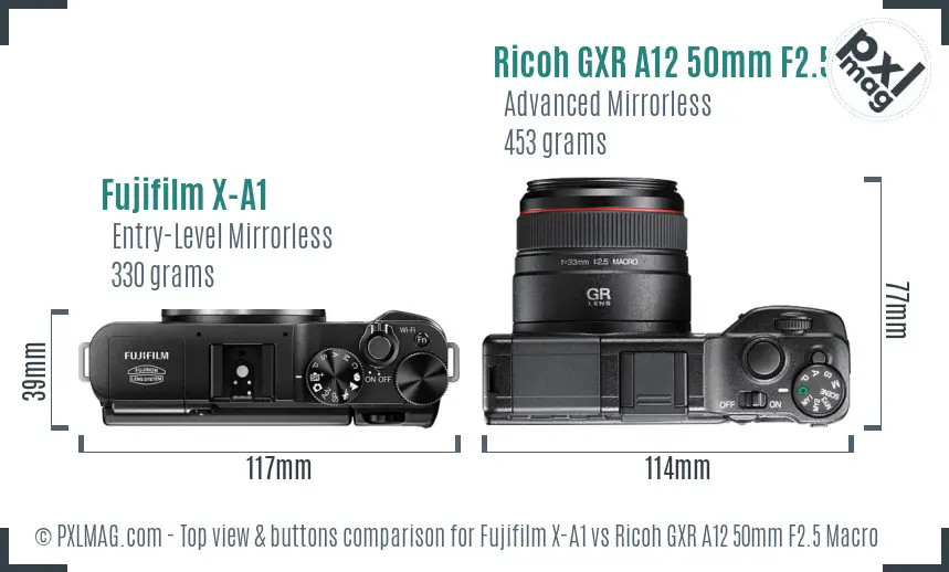 Fujifilm X-A1 vs Ricoh GXR A12 50mm F2.5 Macro top view buttons comparison