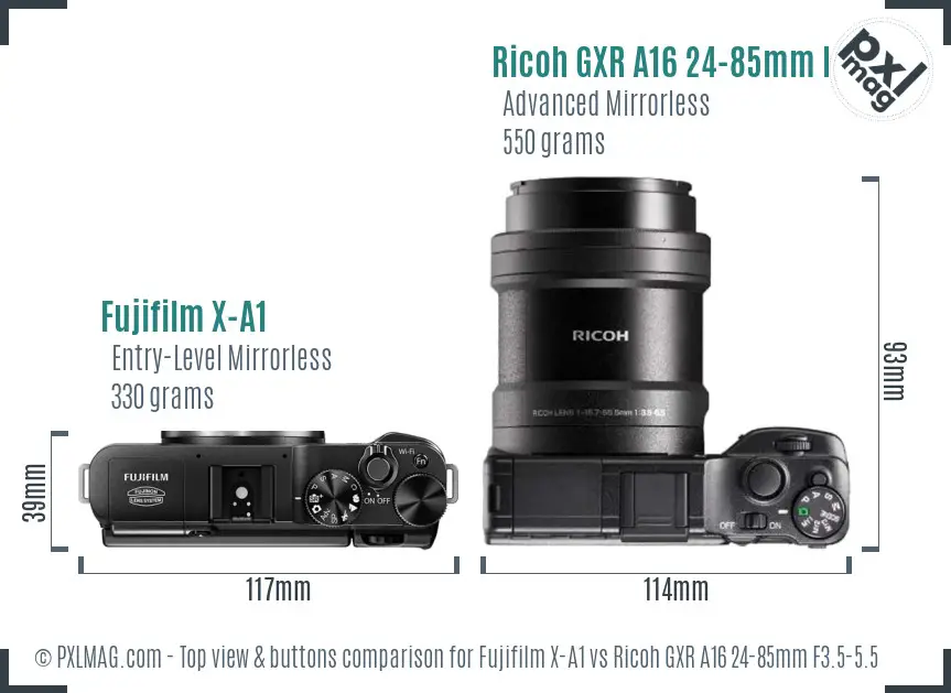 Fujifilm X-A1 vs Ricoh GXR A16 24-85mm F3.5-5.5 top view buttons comparison
