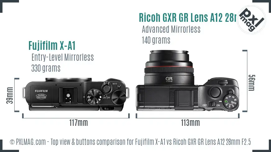 Fujifilm X-A1 vs Ricoh GXR GR Lens A12 28mm F2.5 top view buttons comparison