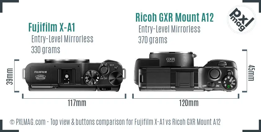 Fujifilm X-A1 vs Ricoh GXR Mount A12 top view buttons comparison