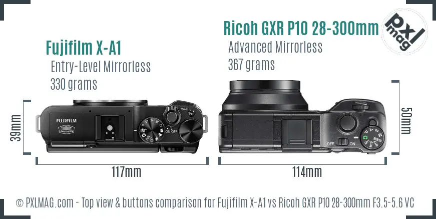 Fujifilm X-A1 vs Ricoh GXR P10 28-300mm F3.5-5.6 VC top view buttons comparison