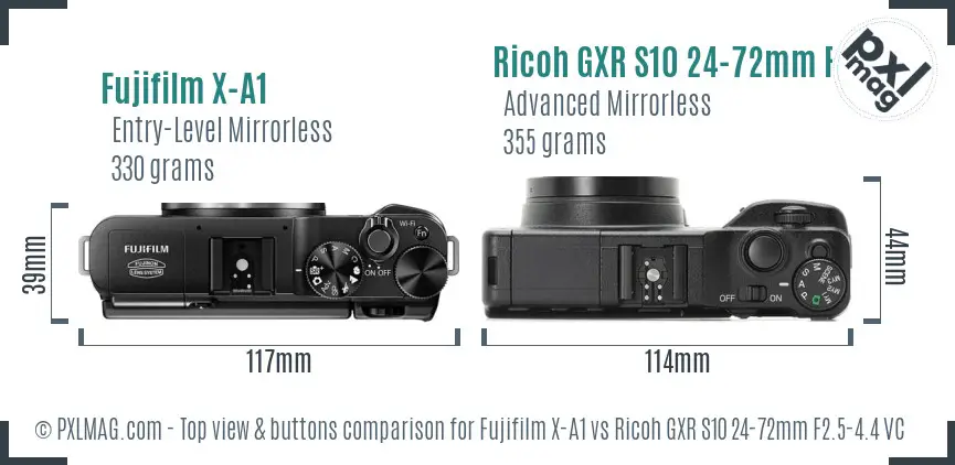 Fujifilm X-A1 vs Ricoh GXR S10 24-72mm F2.5-4.4 VC top view buttons comparison