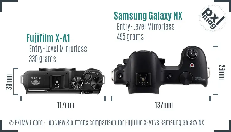 Fujifilm X-A1 vs Samsung Galaxy NX top view buttons comparison