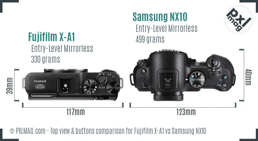 Fujifilm X-A1 vs Samsung NX10 top view buttons comparison
