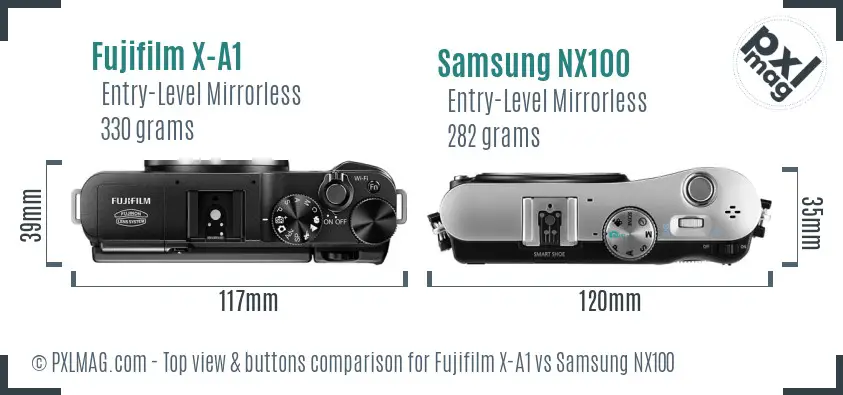 Fujifilm X-A1 vs Samsung NX100 top view buttons comparison