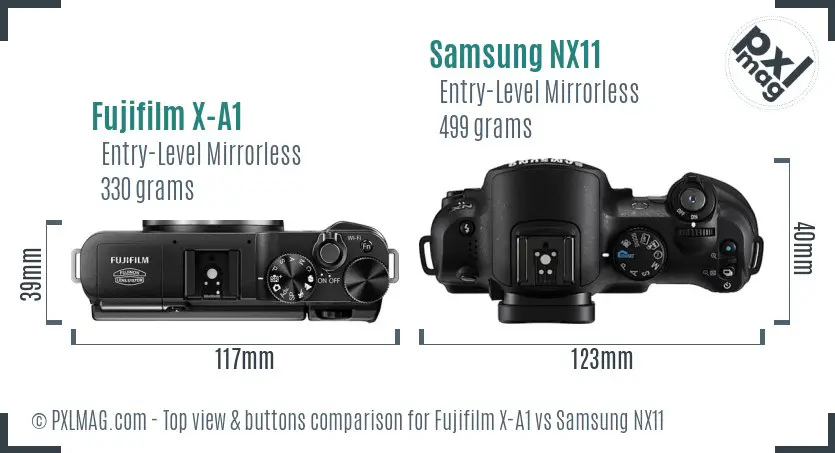 Fujifilm X-A1 vs Samsung NX11 top view buttons comparison Fujifilm X-A1 vs Samsung NX11 top view buttons comparison