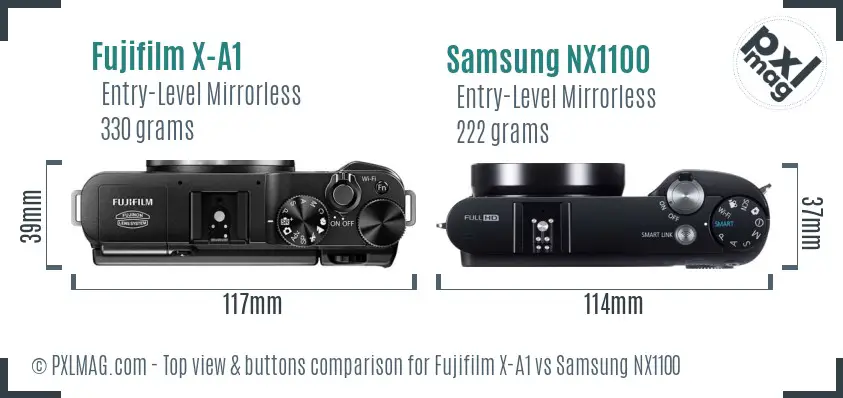 Fujifilm X-A1 vs Samsung NX1100 top view buttons comparison Fujifilm X-A1 vs Samsung NX1100 top view buttons comparison