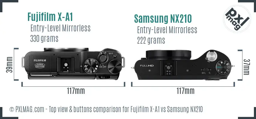 Fujifilm X-A1 vs Samsung NX210 top view buttons comparison