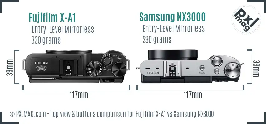 Fujifilm X-A1 vs Samsung NX3000 top view buttons comparison
