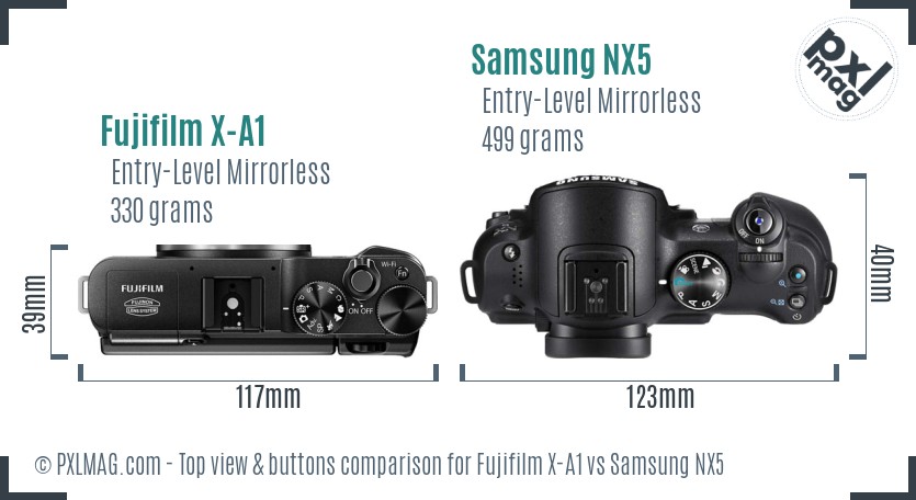 Fujifilm X-A1 vs Samsung NX5 top view buttons comparison