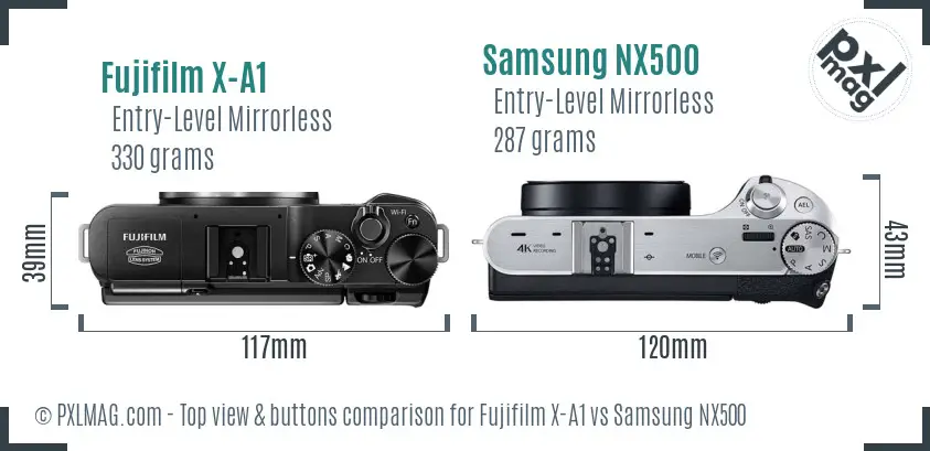 Fujifilm X-A1 vs Samsung NX500 top view buttons comparison