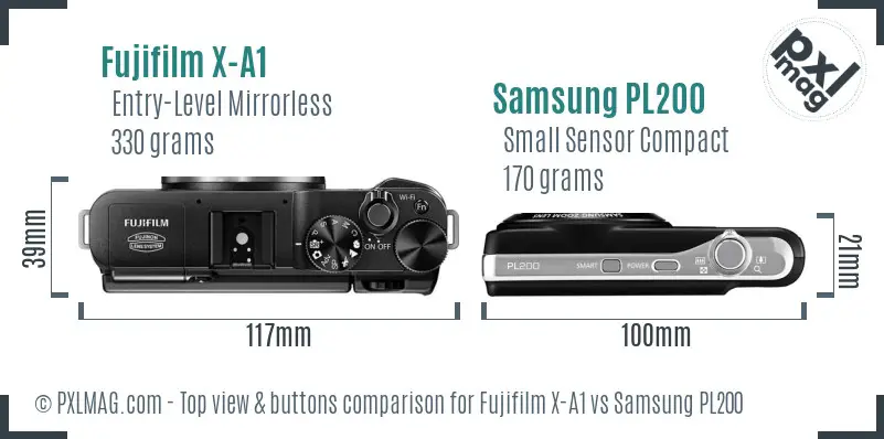 Fujifilm X-A1 vs Samsung PL200 top view buttons comparison