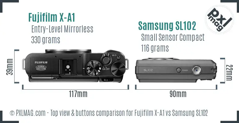 Fujifilm X-A1 vs Samsung SL102 top view buttons comparison