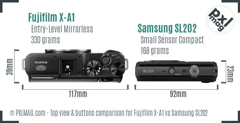Fujifilm X-A1 vs Samsung SL202 top view buttons comparison