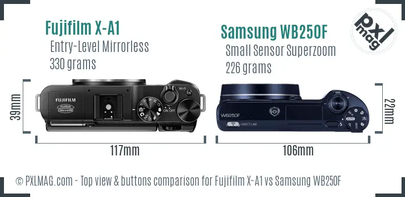 Fujifilm X-A1 vs Samsung WB250F top view buttons comparison