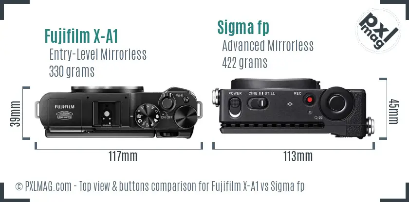 Fujifilm X-A1 vs Sigma fp top view buttons comparison