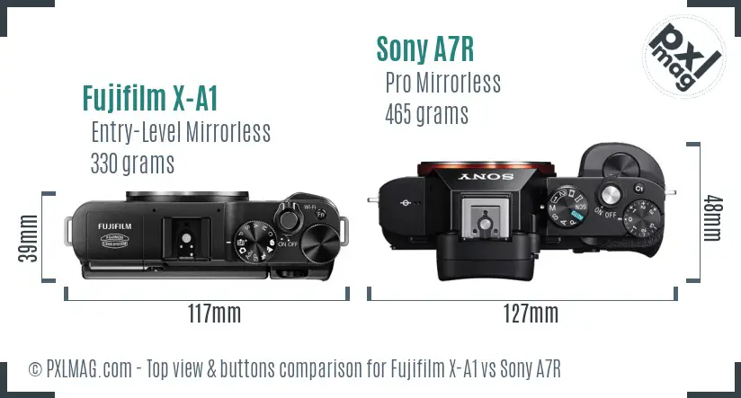 Fujifilm X-A1 vs Sony A7R top view buttons comparison