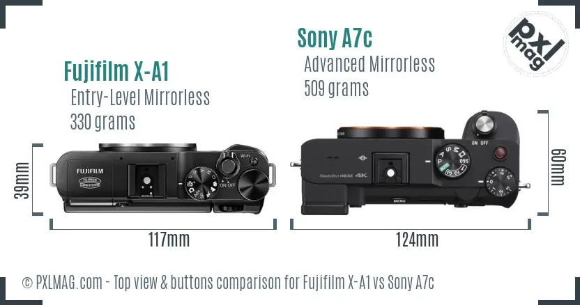 Fujifilm X-A1 vs Sony A7c top view buttons comparison