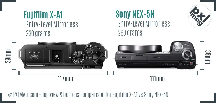 Fujifilm X-A1 vs Sony NEX-5N top view buttons comparison