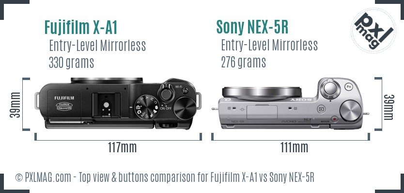 Fujifilm X-A1 vs Sony NEX-5R top view buttons comparison
