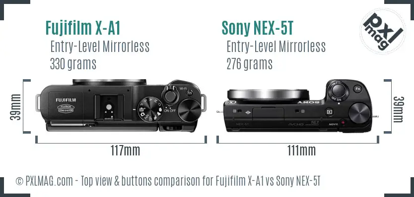 Fujifilm X-A1 vs Sony NEX-5T top view buttons comparison