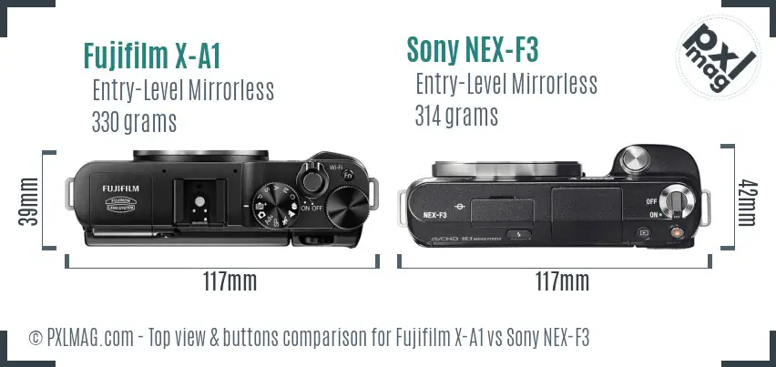 Fujifilm X-A1 vs Sony NEX-F3 top view buttons comparison