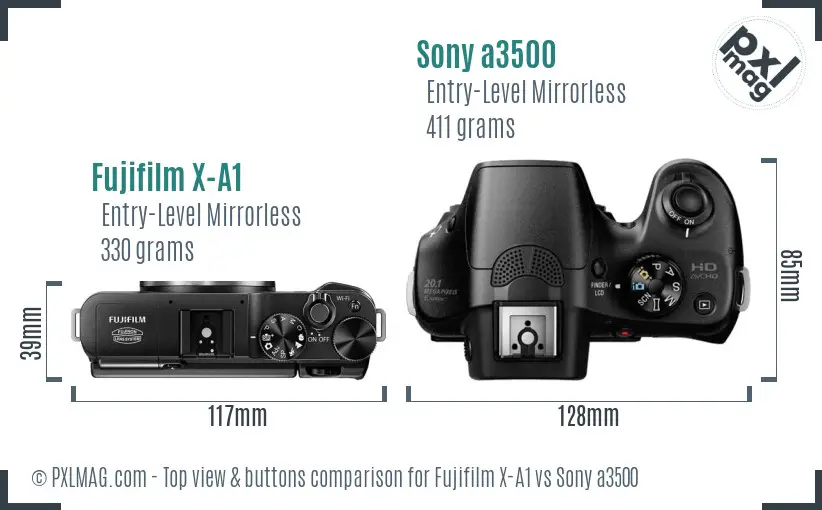 Fujifilm X-A1 vs Sony a3500 top view buttons comparison