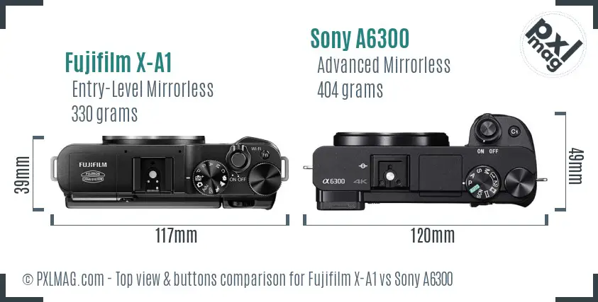 Fujifilm X-A1 vs Sony A6300 top view buttons comparison