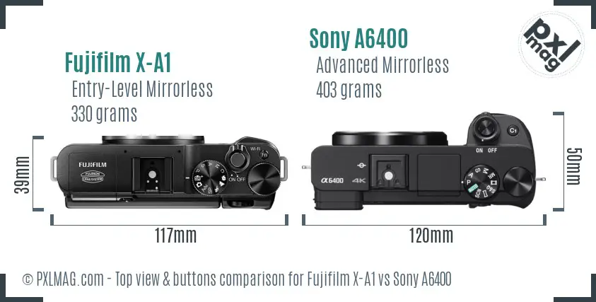 Fujifilm X-A1 vs Sony A6400 top view buttons comparison